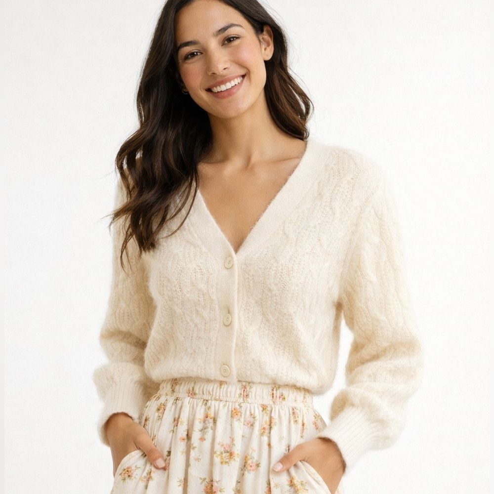 Spartina 449 Cream Cable Knit Cardigan Fuzzy Wool Blend NWOT